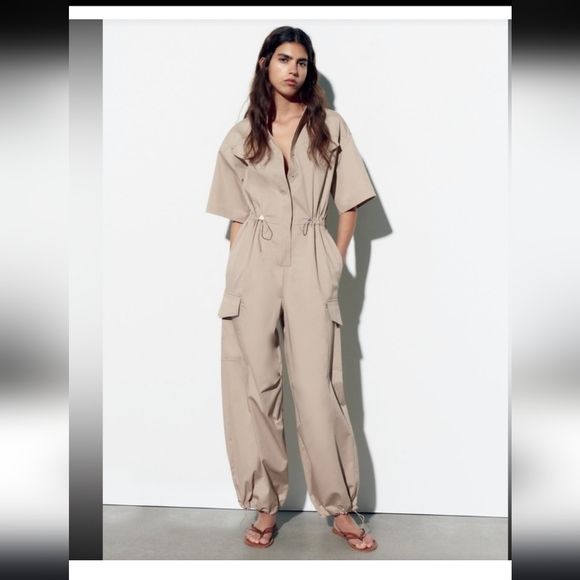 Zara Oversized Gabardine Windbreaker Military Utility Cargo Jumpsuit SZ M - Picture 3 of 13